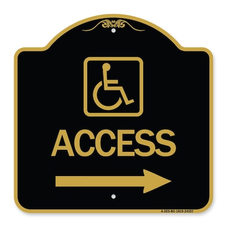 Signmission Access W/ Updated Isa and Right Arrow, Black & Gold Aluminum Sign, 18" H, BG-1818-24357 A-DES-BG-1818-24357